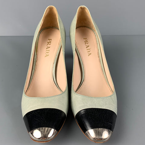 PRADA Size 7 Mint Black Silver Leather Color Block Cap Toe Pumps