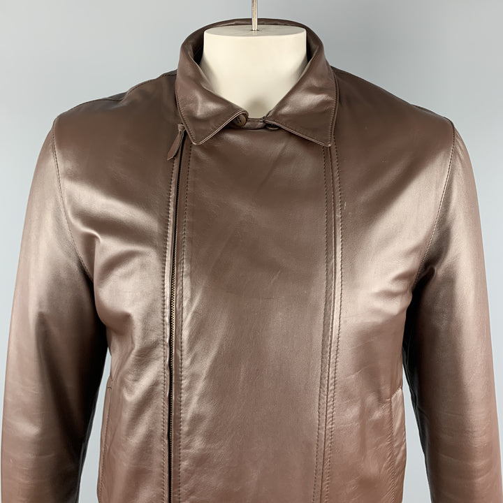 SCHIATTI & CO. Size L Brown Leather Beaver Lining Detachable Fur Collar Asymmetrical Jacket