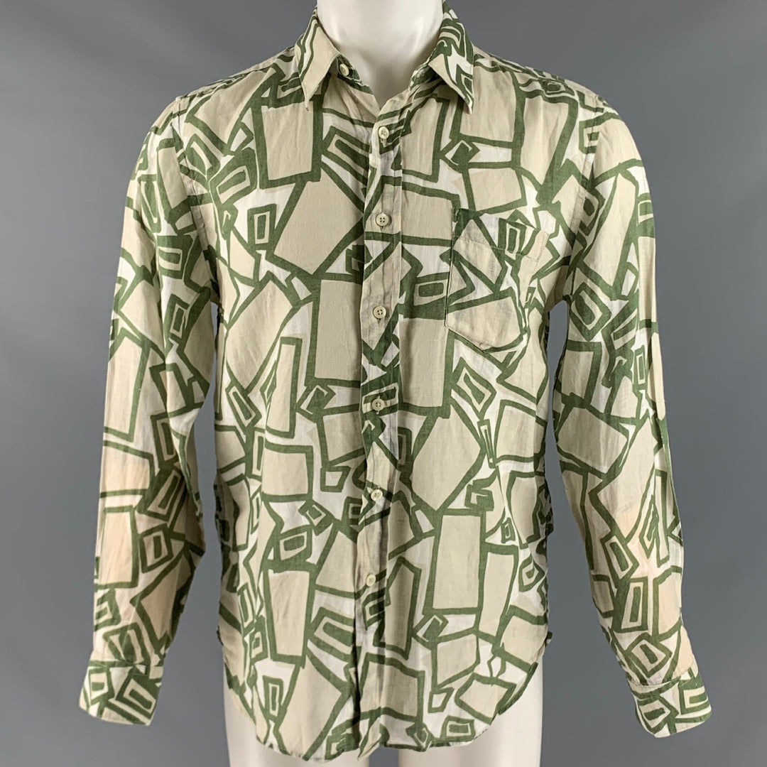 120% LINO Size S Green White Print Linen Button Up Long Sleeve Shirt