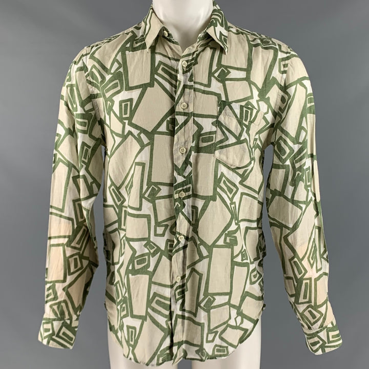 120% LINO Size S Green White Print Linen Button Up Long Sleeve Shirt