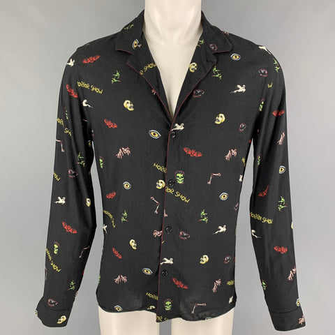 THE KOOPLES Size S Black Multi-Color Graphic Viscose Long Sleeve Shirt