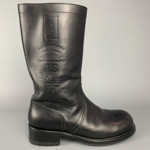 RAF SIMONS A/W 19 Size 10 Black Debossed Logo Leather Pull On Boots