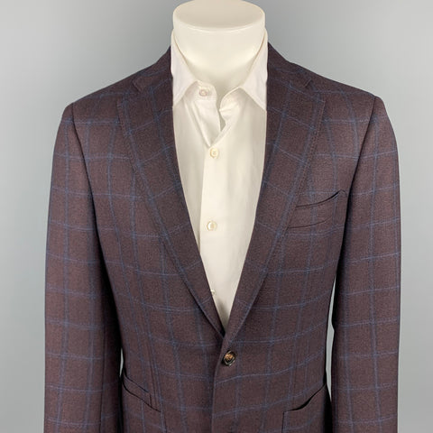 LUCIANO BARBERA Size 40 Brown & Navy Window Pane Wool Custom Sport Coat