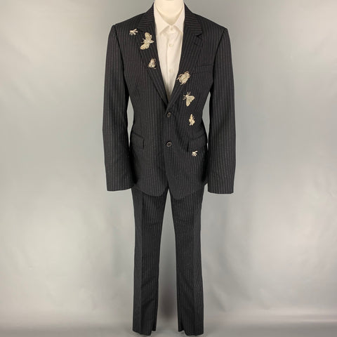 ALEXANDER MCQUEEN Size 38 Black Silver Stripe Wool Blend Notch Lapel Suit