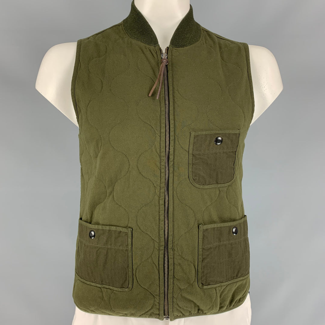 RRL by RALPH LAUREN Size M Olive Quilted Cotton Zip Up Vest (Indoor)