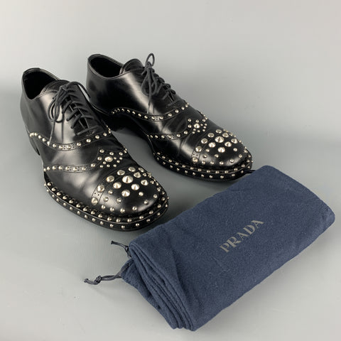 PRADA F/W 09 Size10.5 Black Studded Leather Cap Toe Lace Up Shoes