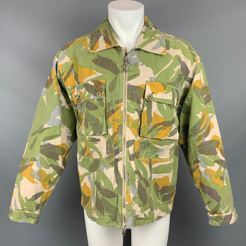 NIGEL CABOURN x LYBRO Size 38 Olive & Yellow Camouflage Cotton / Linen Zip Up Jacket