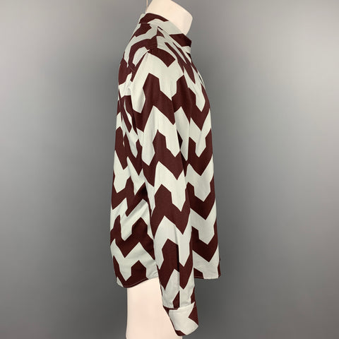 EMPORIO ARMANI Diffusion Size M Grey & Brown Zig Zag Hidden Buttons Long Sleeve Shirt