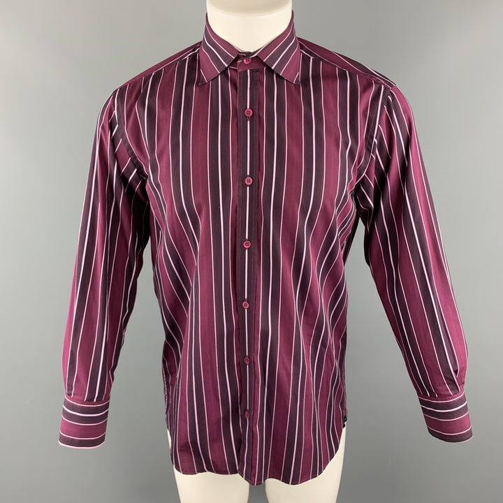 TED BAKER Size M Burgundy Stripe Cotton Spread Collar Button Up Long Sleeve Shirt
