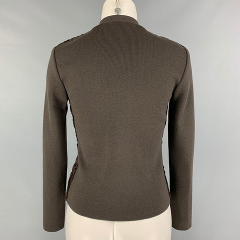 PRADA Size 4 Brown Wool Mixed Materials Lamb Fur Trim V-Neck Cardigan