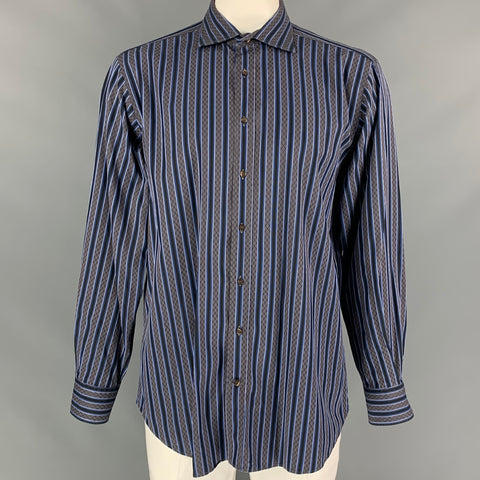 ETRO Size XL Grey & Navy Stripe Cotton Button Up Long Sleeve Shirt
