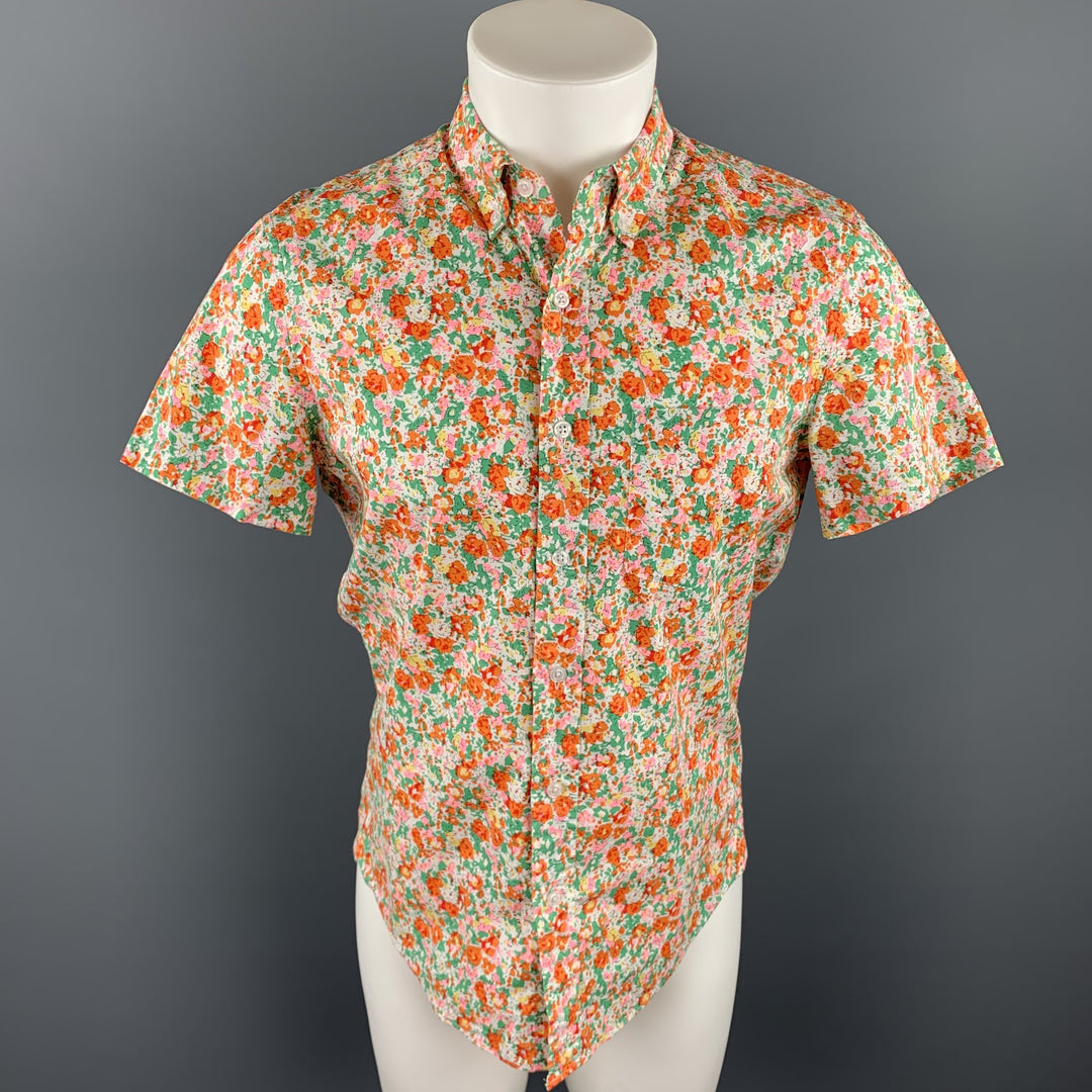 J CREW Size S Orange & Green Floral Cotton Button Down Short Sleeve Shirt