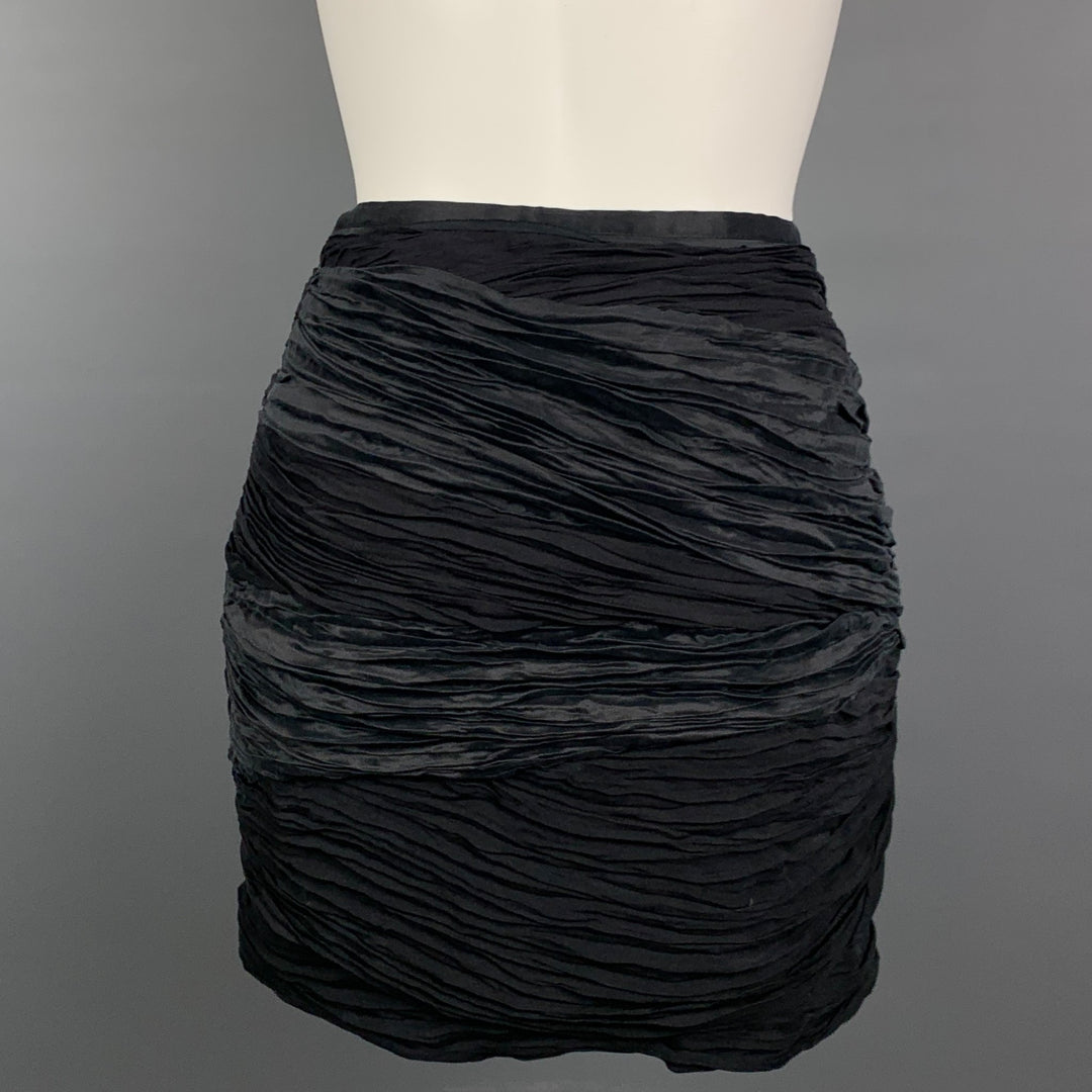 CATHERINE MALANDRINO Size 4 Black Ruched Silk Mini Skirt