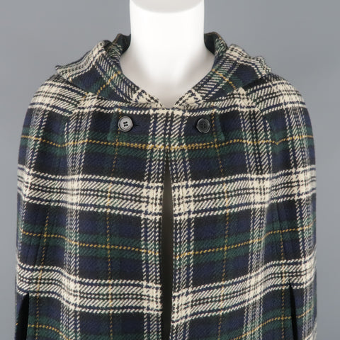 SAINT LAURENT Size 8 Blue & Green Plaid Wool Hooded Cape