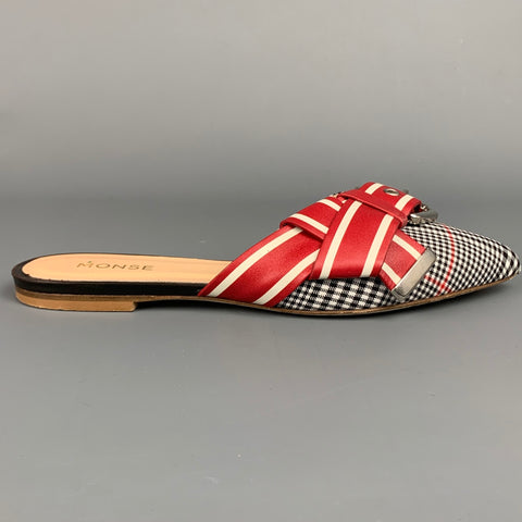 Mulas planas con punta en punta y hebilla de tela roja y negra de MONSE, talla 8