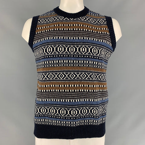 UNIVERSAL WORKS Size M Navy Multicolour Textured Wool / Polyamide Vest (Indoor)