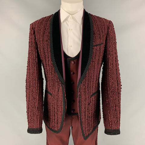 DOLCE & GABBANA SS15 Size 40 Regular Burgundy Black Passementerie 3D Embroidery Virgin Wool 3 Piece Suit