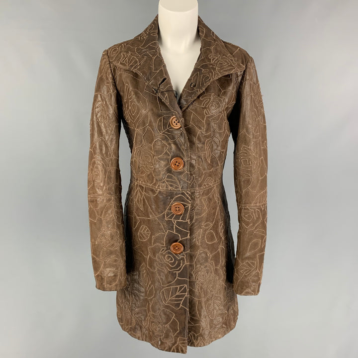 EMPORIO ARMANI Size 8 Brown Embroidered Single Breasted Coat