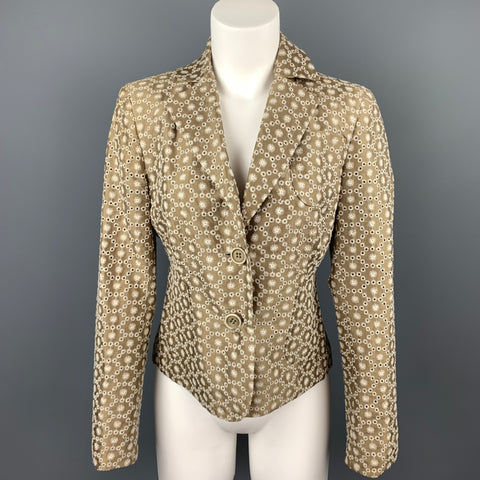 AKRIS Size 6 Taupe & Cream Silk / Cotton Embroidered Taffeta Cropped Blazer