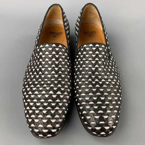JOHN FLUEVOG Size 12 Black & White Zig Zag Leather Slip On Loafers