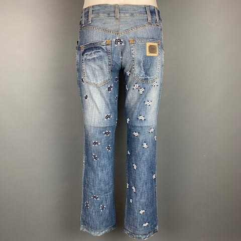 DOLCE & GABBANA Size 30 Blue Floral Embroidery Cotton Jeans