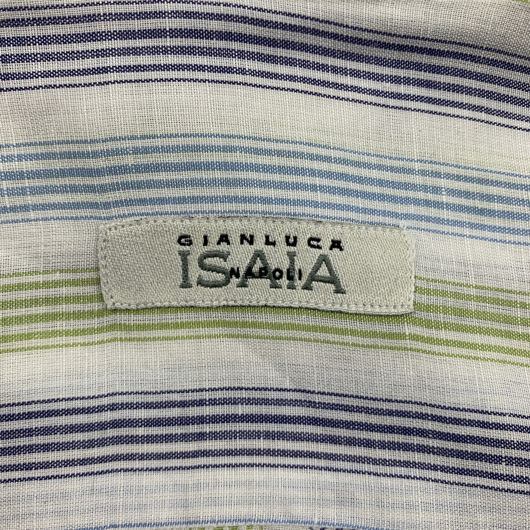 ISAIA Talla M Camisa de manga larga con botones de algodón a cuadros azul marino y verde