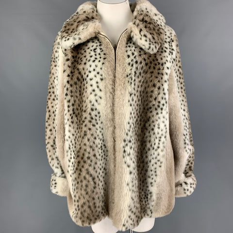 DENNIS BASSO Size L Cream Brown Polyester Animal Print Faux Fur Zip Up Coat