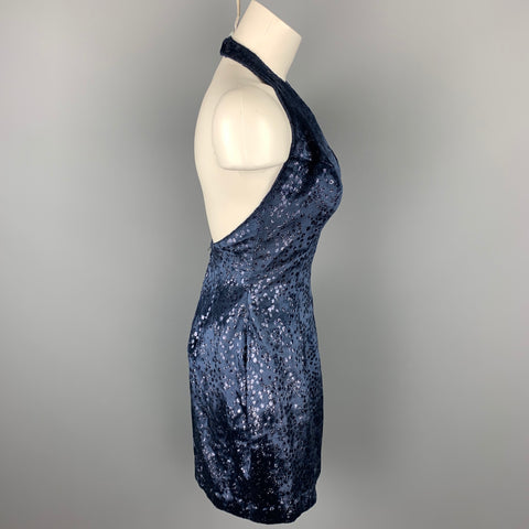 MICHAEL CASEY Size 6 Navy Dot Print Velvet Cocktail Open Back Mini Dress