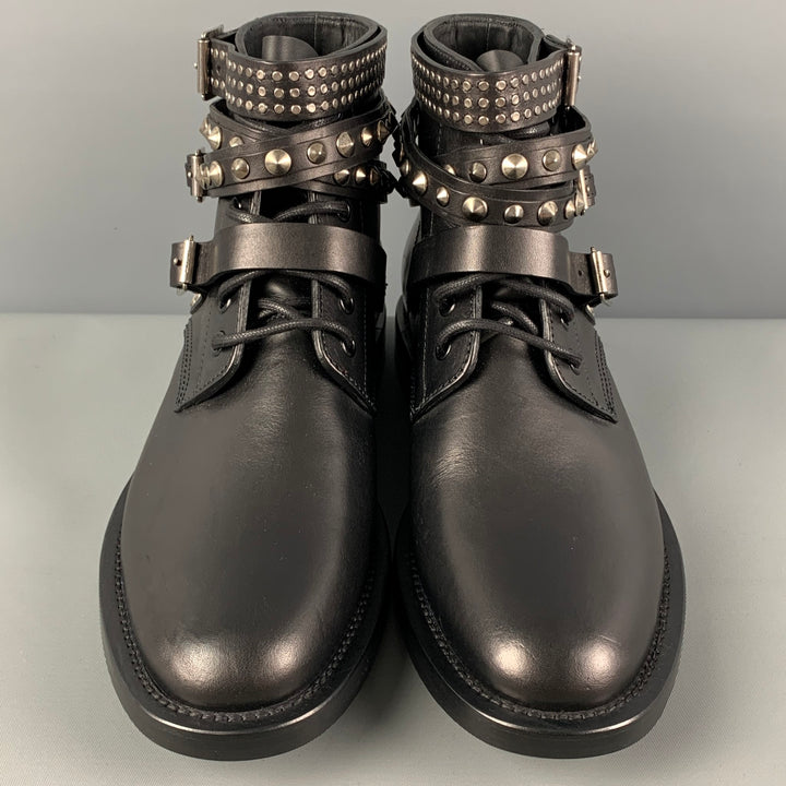 SAINT LAURENT Size 10 Black Leather Studded Ranger Boots