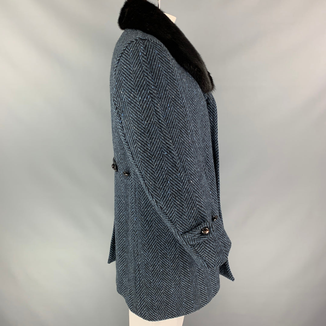BURBERRY PRORSUM Otoño 2011 Talla 42 Abrigo azul con cuello de visón extraíble de lana en zigzag