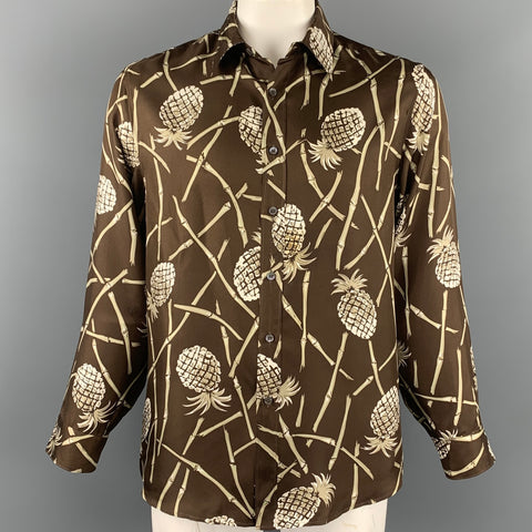 MICHAEL KORS Size L Brown & White Print Silk Button Up Long Sleeve Shirt