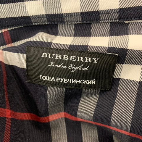 BURBERRY Size L Navy White & Red Plaid Cotton Button Down Short Sleeve Shirt