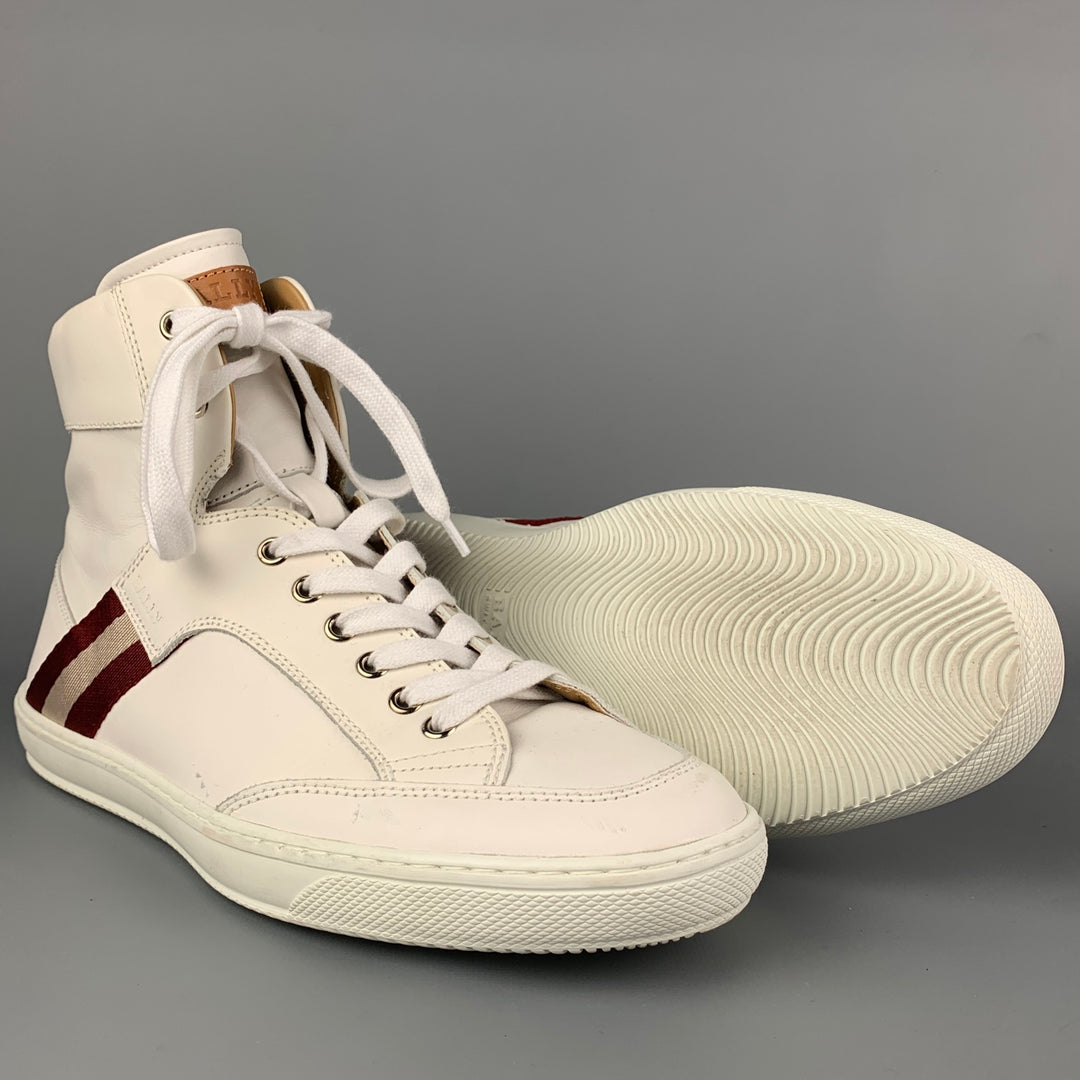 BALLY Size 9 White & Burgundy Stripe Leather High Top Sneakers