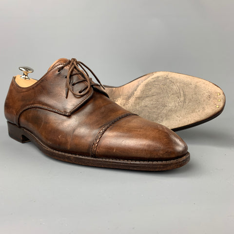 BONTONI Size 10 Brown Burnished Leather Cap Toe Lace Up Shoes