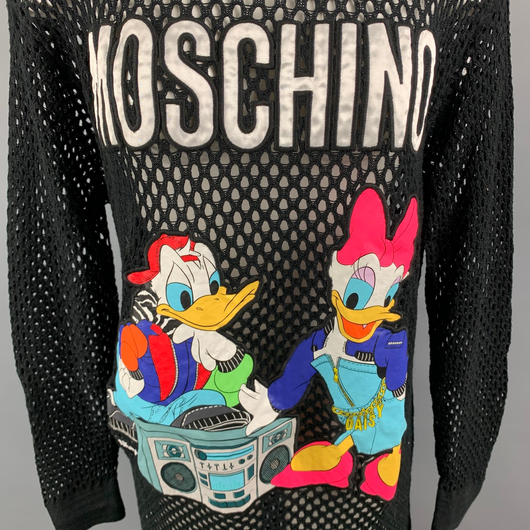 MOSCHINO x H M Size XS Black Multi Color Mesh Wool Disney Pullover Sui Generis Designer Consignment