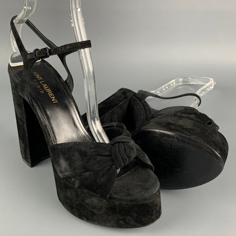 SAINT LAURENT Size 7.5 Black Suede Platform Bianca Sandals