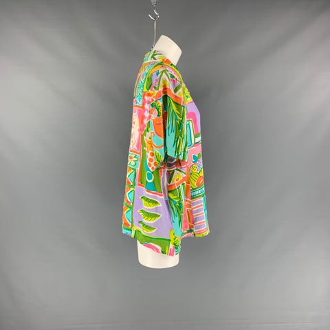 BOB MACKIE Blusa con botones abstractos de seda multicolor talla XL