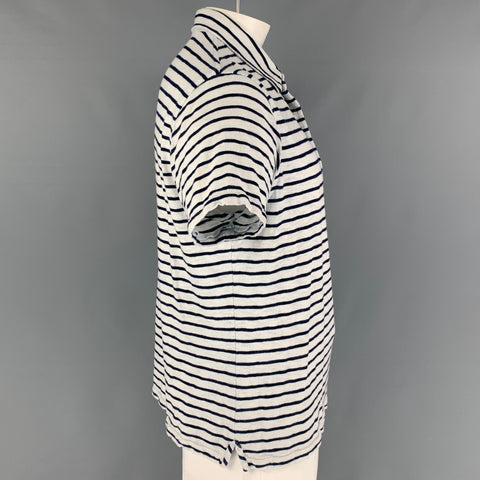 ALEX MILL Size XL White &  Navy Stripe Cotton Buttoned Polo