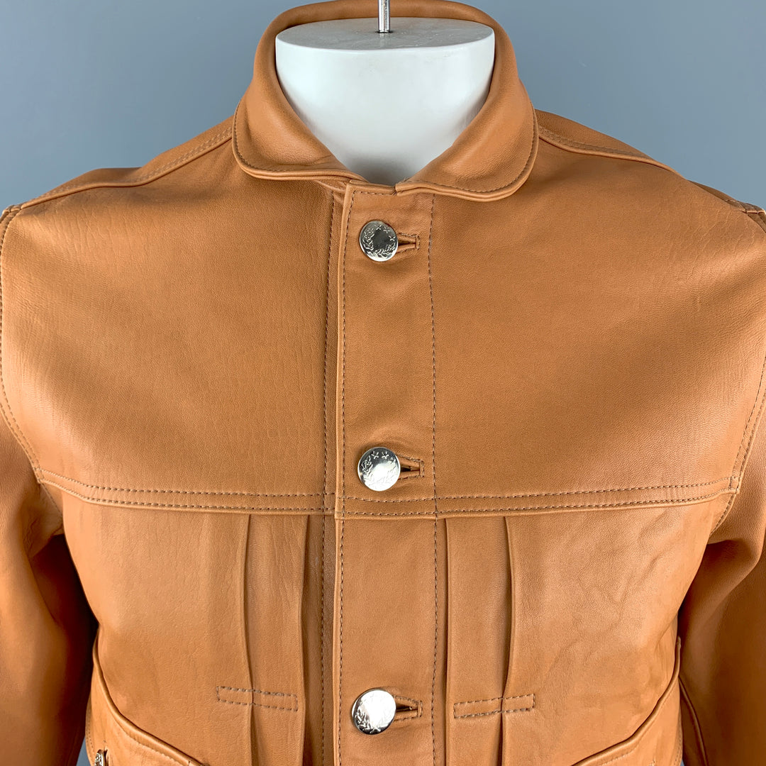 OSCAR H. GRAND Size M Tan Leather Flap Pockets Silver Buttons Back Belt Trucker Jacket