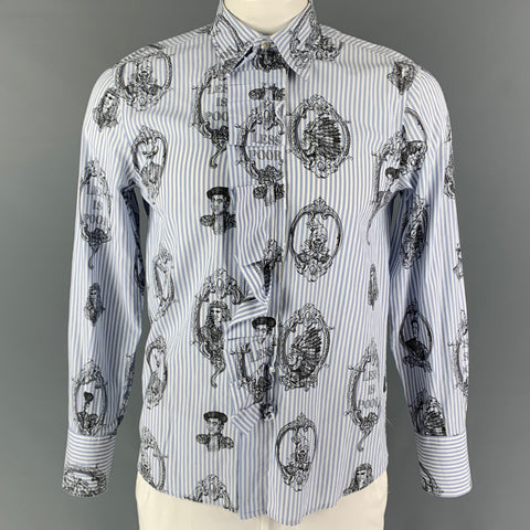 Vintage MOSCHINO JEANS Size L Blue Black White Print Cotton Ruffle Long Sleeve Shirt