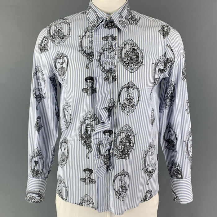 Vintage MOSCHINO JEANS Size L Blue Black White Print Cotton Ruffle Long Sleeve Shirt