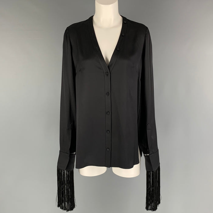 ALEXANDER MCQUEEN Size 4 Black Silk Solid Open Collar Blouse