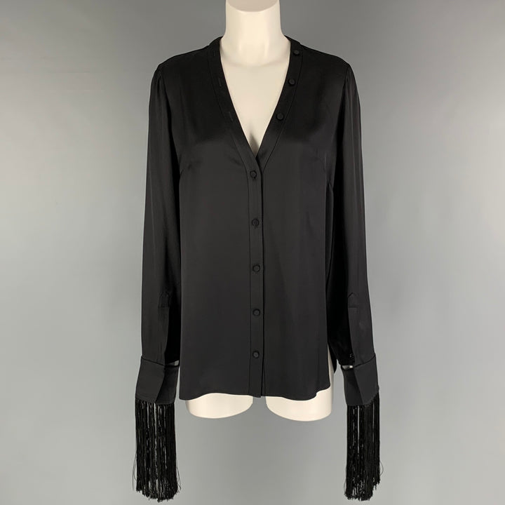 ALEXANDER MCQUEEN Size 4 Black Silk Solid Open Collar Blouse