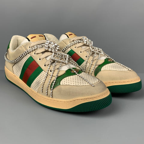 GUCCI Size 14 Off White Green Distressed Leather Crystal Screener Sneakers