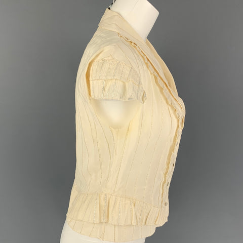NINA RICCI Size 6 Cream Gold Cotton Blend Stripe Ruffle Dress Top
