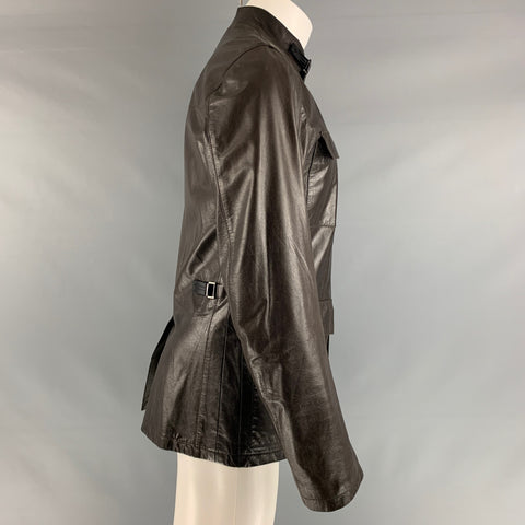 PRADA Size 38 Brown Solid Leather Zip & Snaps Jacket