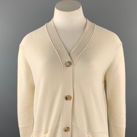 HERMES Size 10 Cream Knitted Cashmere Buttoned Cardigan