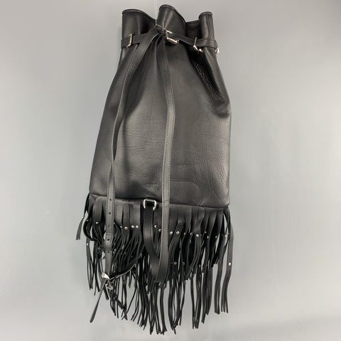 ROBERTO CAVALLI Black Leather Studded Fring Bucket Backpack