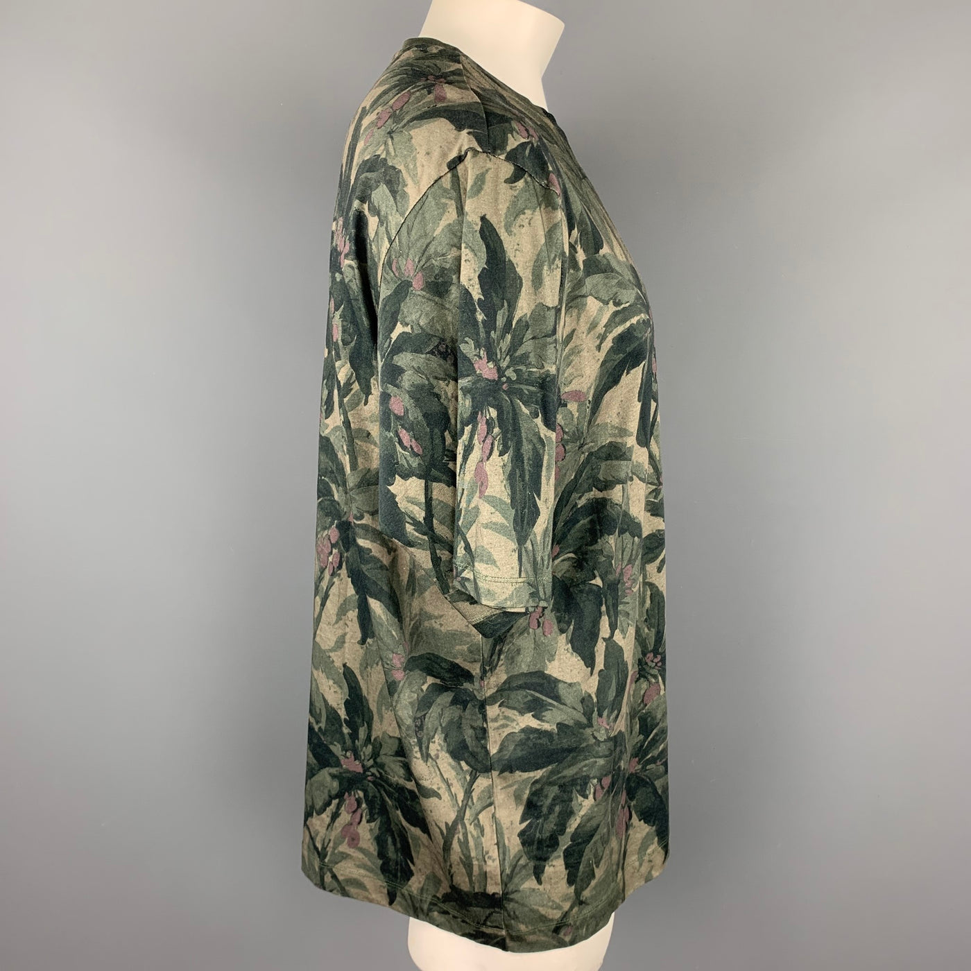 DRIES VAN NOTEN Size XL Olive Print Cotton Crew-Neck T-shirt