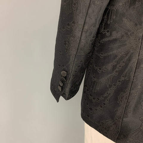 JOHN RICHMOND Size 42 Black Skulls Jacquard Cotton Blend Notch Lapel Sport Coat